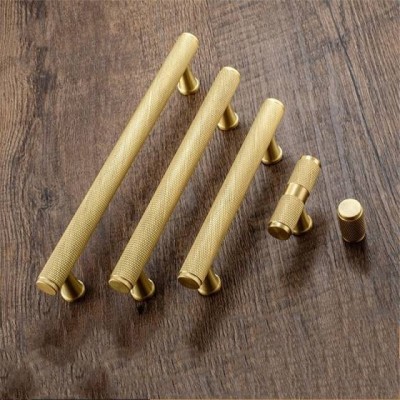 Luxury Satin Gold Brass Knurling Door Pull Cupboard Drawer Handle And Knob For Furniture